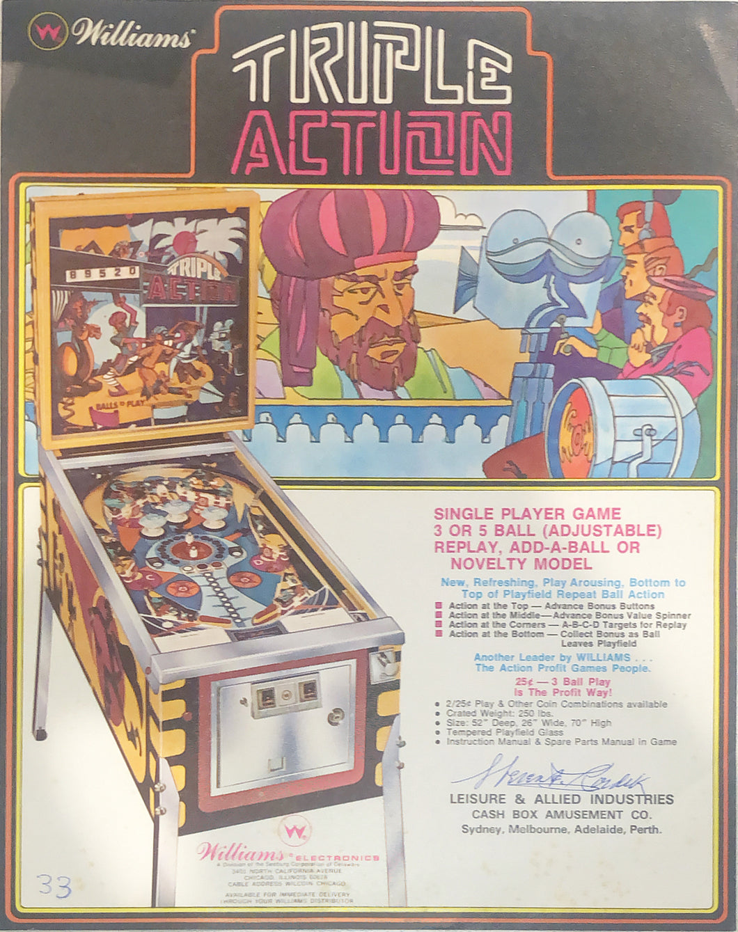 Williams Pinball Triple Action Flyer Signed