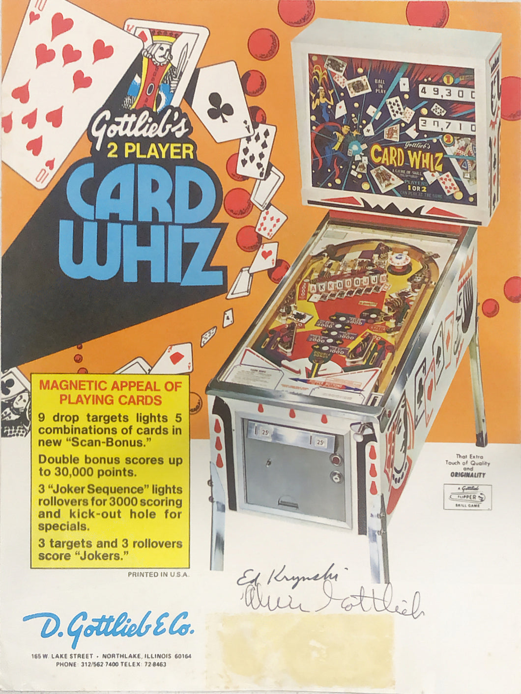 Gottlieb's Card Whiz Pinball Flyer
