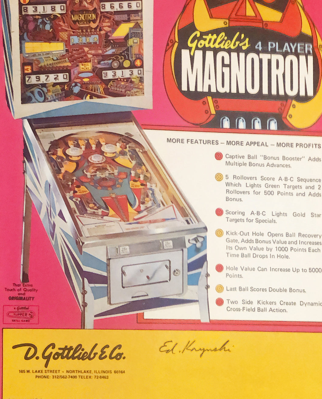 Gottlieb's Magnotron Pinball Flyer Signed